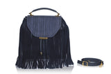 Navy Becky medium satchel in weaved calf leather with suede fringe, gold hardware, and a detachable shoulder strap.