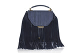 Navy Becky medium satchel with weaved leather flap, suede fringe, and elegant gold-tone hardware.