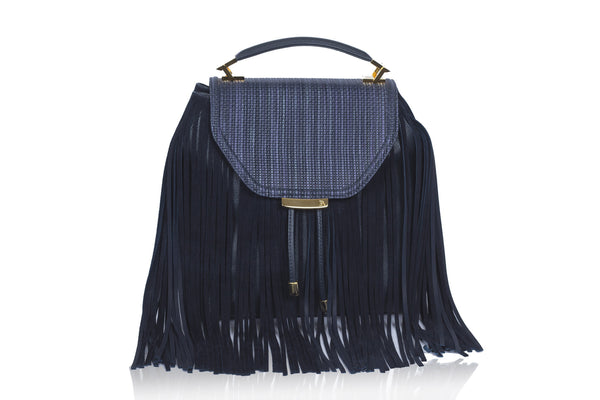 Navy Becky medium satchel with weaved leather flap, suede fringe, and elegant gold-tone hardware.