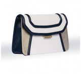 Navy and cream textured leather Jeeda clutch with metallic gold accents, gold-tone hardware, and a sleek flap-front design.