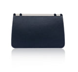 Navy and cream textured leather Jeeda clutch with contrast stitching and a sleek, compact 28cm rectangular silhouette.