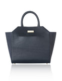 Navy textured leather Sharon tote with raffia sides, gold-tone logo plaque, and elegant carry handles.