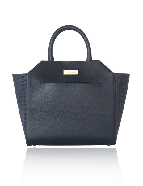 Navy textured leather Sharon tote with raffia sides, gold-tone logo plaque, and elegant carry handles.