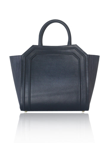 Navy Sharon medium tote in textured leather with stylish raffia-effect sides, gold-tone hardware, and carry handles.