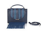 Navy Steffany top handle bag in textured calf leather with a meshed water snake flap, suede fringes, and silver hardware.