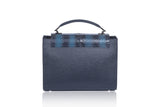 Navy Steffany top handle bag in textured calf leather with a meshed water snake flap and elegant silver-tone hardware.