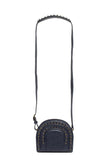 Navy textured leather Thalia crossbody bag featuring gold-tone studs, an adjustable strap, and chic preppy styling.