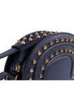 Navy textured leather Thalia crossbody bag featuring gold-tone pointed studs and elegant hardware details.