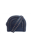 Navy textured leather Thalia cross bag featuring gold-tone pointed studs and chic, compact 19cm wide design.