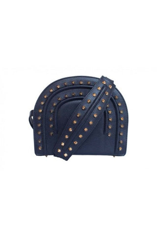 Navy textured leather Thalia cross bag featuring gold-tone pointed studs and chic, compact 19cm wide design.