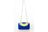 Neon blue and yellow textured leather clutch with gunmetal studs, mirror design, and a detachable chain strap.