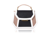 Mini Anabella tote in nude and black textured calf leather with a gold-tone logo plaque and elegant top handle.