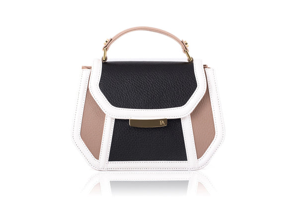 Mini Anabella tote in nude and black textured calf leather with a gold-tone logo plaque and elegant top handle.