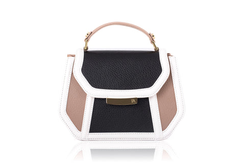 Mini Anabella tote in nude and black textured calf leather with a gold-tone logo plaque and elegant top handle.