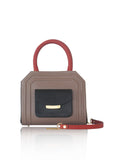 Mini Sharon tote in nude, black, and orange textured calf leather with gold hardware, front pocket, and chain strap.