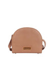 Nude textured leather Thalia crossbody bag featuring a half-moon silhouette, gold-tone hardware, and an elegant designer plaque.
