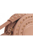 Nude textured calf leather crossbody bag featuring elegant gold-tone pointed studs and polished hardware.
