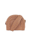 Nude textured calf leather Thalia crossbody bag featuring gold-tone pointed studs and elegant minimalist design.