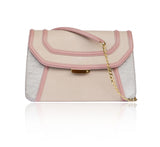 Pale pink and beige leather clutch with champagne textured sides, gold-tone hardware, and a detachable chain shoulder strap.