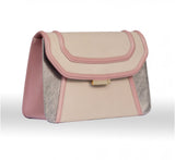 Pale pink and beige leather clutch with champagne metallic accents, gold hardware, and a sleek, compact design.