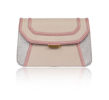 Pale pink and beige leather clutch with champagne metallic accents, gold-tone hardware, and a sleek, compact design.