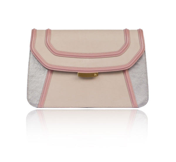 Pale pink and beige leather clutch with champagne metallic accents, gold-tone hardware, and a sleek, compact design.