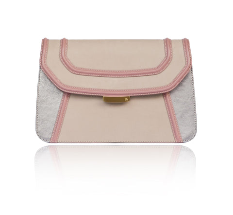 Pale pink and beige leather clutch with champagne metallic accents, gold-tone hardware, and a sleek, compact design.