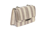 Pale yellow water snake mini shoulder bag with a silver logo plaque, chain strap, and elegant textured finish.