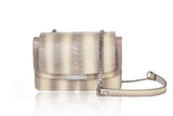 Pale yellow water snake mini shoulder bag with silver-tone hardware, chain strap, and elegant textured finish.