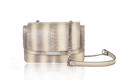 Pale yellow water snake mini shoulder bag with silver-tone hardware, chain strap, and elegant textured finish.