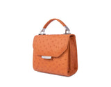 Papaya orange mini Steffany tote in textured ostrich skin with silver-tone hardware and a sleek designer logo plaque.