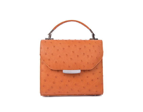 Papaya orange mini Steffany tote in textured ostrich leather with a silver designer logo plaque and top handle.