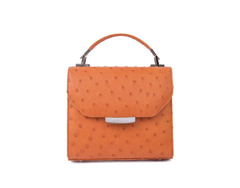 Papaya orange mini Steffany tote in textured ostrich leather with a silver designer logo plaque and top handle.