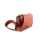 Papaya orange mini Jackie O bag in textured calf leather and exotic ostrich flap with silver-tone chain and logo plaque.