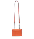 Papaya orange mini Jackie O bag in textured calf leather and ostrich flap with silver chain strap and logo plaque.