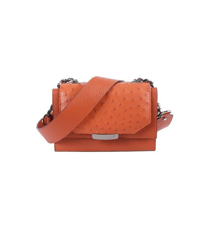 Papaya orange mini Jackie O shoulder bag in textured ostrich and calf leather with silver-tone hardware and chain strap.
