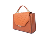 Papaya orange medium ostrich leather tote with gold-tone hardware, designer logo plaque, and structured handle.