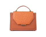 Papaya orange medium ostrich skin tote with gold-tone hardware, designer logo plaque, and structured formal silhouette.