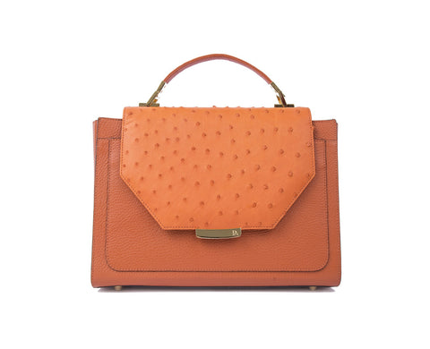 Papaya orange medium ostrich skin tote with gold-tone hardware, designer logo plaque, and structured formal silhouette.