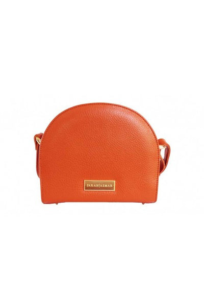 Papaya orange textured leather Thalia cross bag with gold-tone hardware and designer plaque in a sleek, compact silhouette.