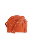 Papaya orange textured calf leather Thalia cross bag with gold-tone pointed studs and chic, compact 19cm design.