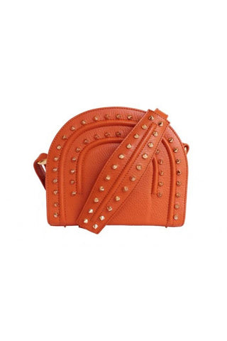 Papaya orange textured calf leather Thalia cross bag with gold-tone pointed studs and chic, compact 19cm design.