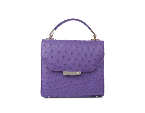 Plum ostrich leather mini Steffany tote with silver-tone hardware and designer logo plaque.