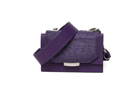 Plum mini Jackie O shoulder bag in textured ostrich and calf leather with a silver-tone logo plaque and chain strap.