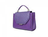 Plum Steffany tote in textured ostrich skin with a designer logo plaque, silver-tone hardware, and a structured silhouette.