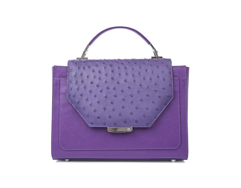 Plum Steffany tote in textured ostrich skin with a designer logo plaque, silver-tone hardware, and a structured handle.