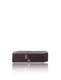 Edith clutch in bordeaux and powder pink box calf leather with a gold-tone logo clasp and textured water snake accents.