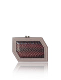 Edith clutch in bordeaux and powder pink smooth calf leather with a textured gold water snake body and gold-tone clasp.