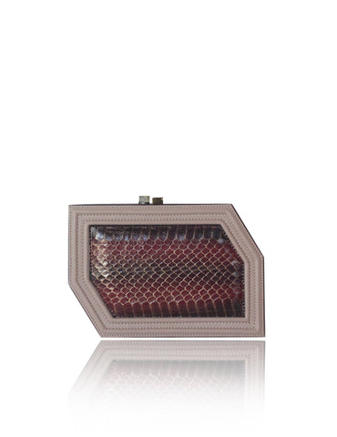 Edith clutch in bordeaux and powder pink smooth calf leather with a textured gold water snake body and gold-tone clasp.