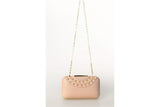 Powder pink textured leather Gina clutch featuring gold-tone studs, a mirror design, and a delicate gold chain shoulder strap.